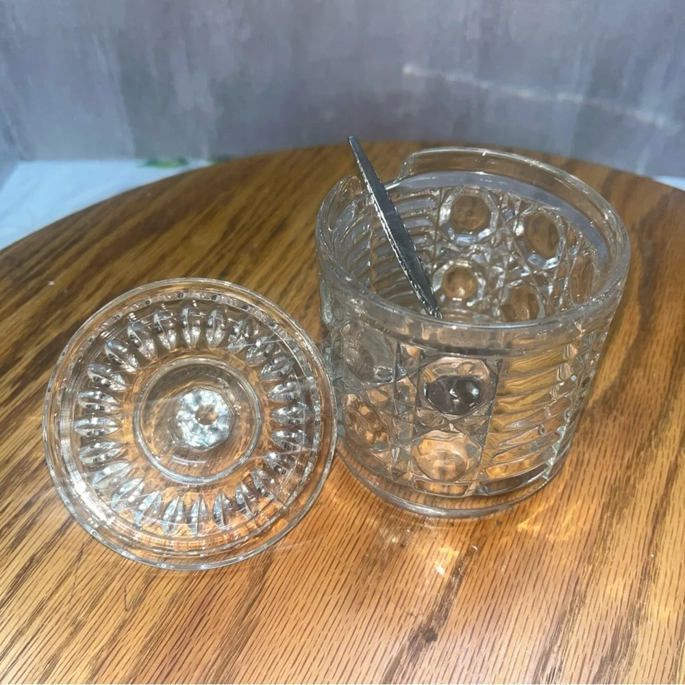 Vintage Federal Glass Clear Sugar Bowl Jam Jar w/Lid & spoon Button & Cane